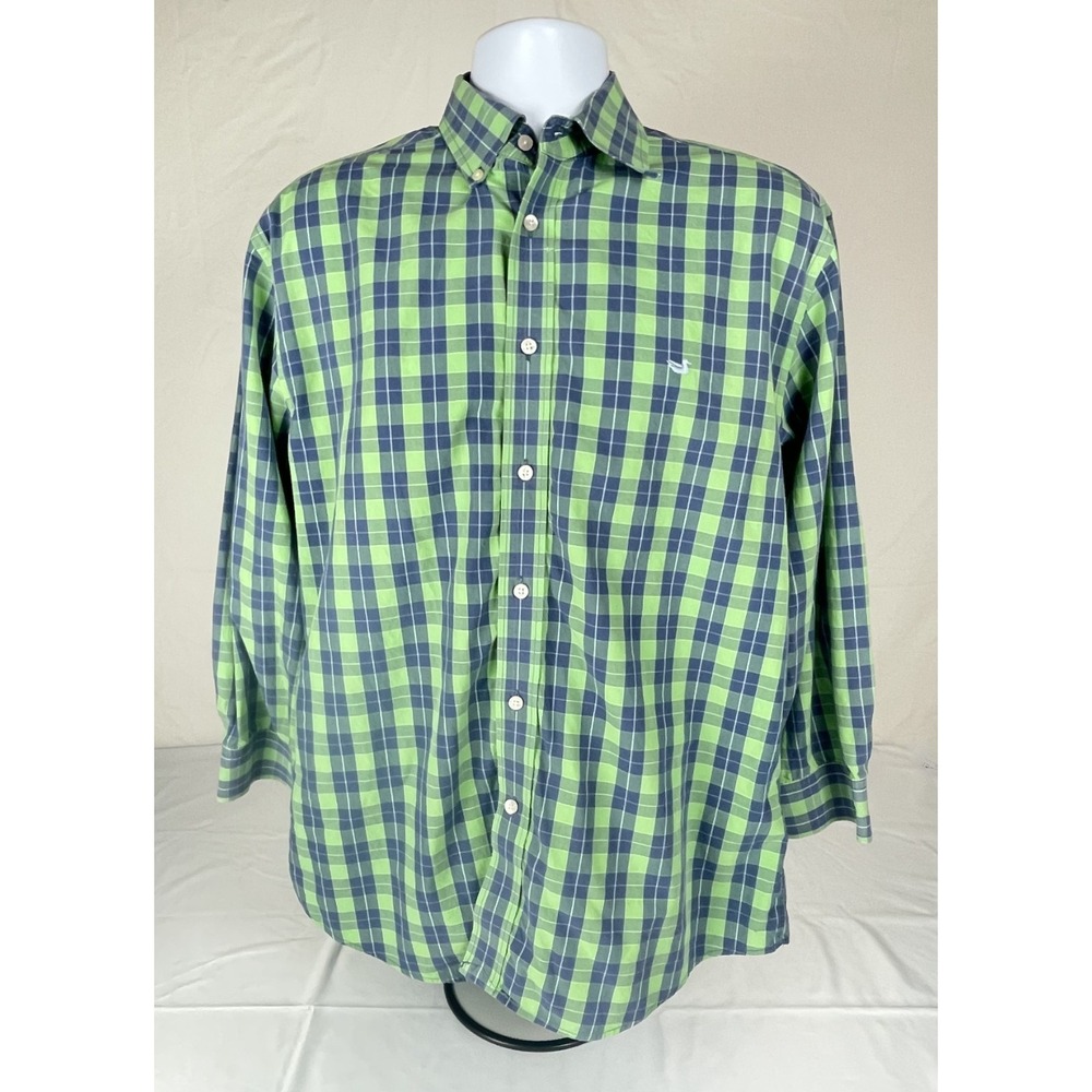 SOUTHERN MARSH MENS LARGE GREEN BLUE PLAID BUTTON DOWN SHIRT LONG SLEEVE